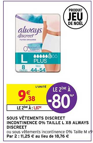 sous vêtements discreet incontinence 0% taille l x8 always discreet