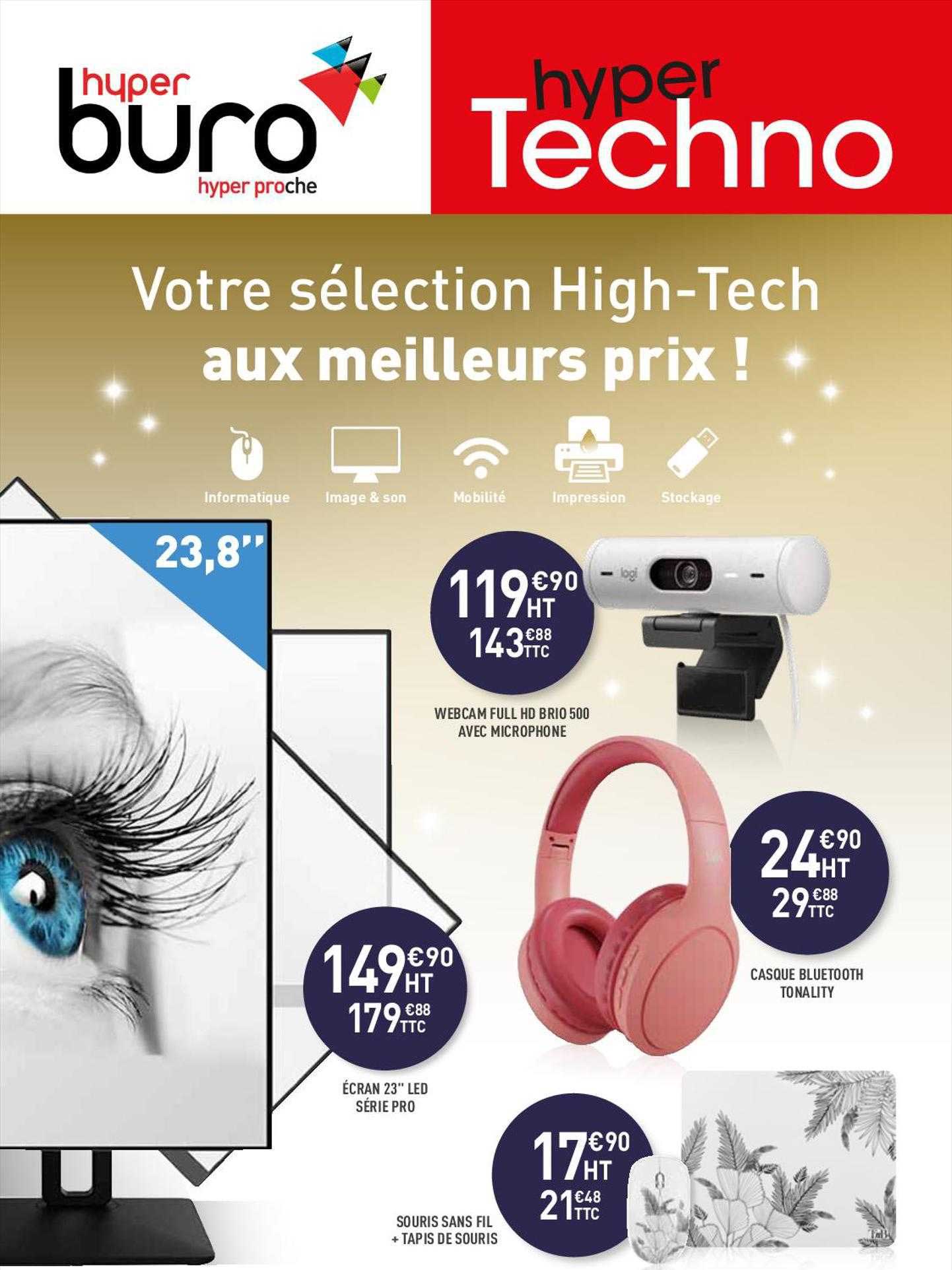 webcam full hd brio 500 avec microphone, écran 23" led série pro, casque bluetooth tonality, souris sans fil + tapis de souris