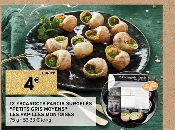 12 escargots farcis surgelés "petits gris moyens" les papilles montoises
