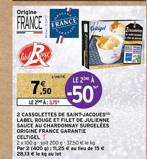 2 cassolettes de saint-jacques label rouge et filet de julienne sauce au chardonnay surgelées origine france garantie celtigel