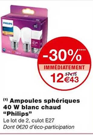 ampoules sphériques 40 w blanc chaud "philips"
