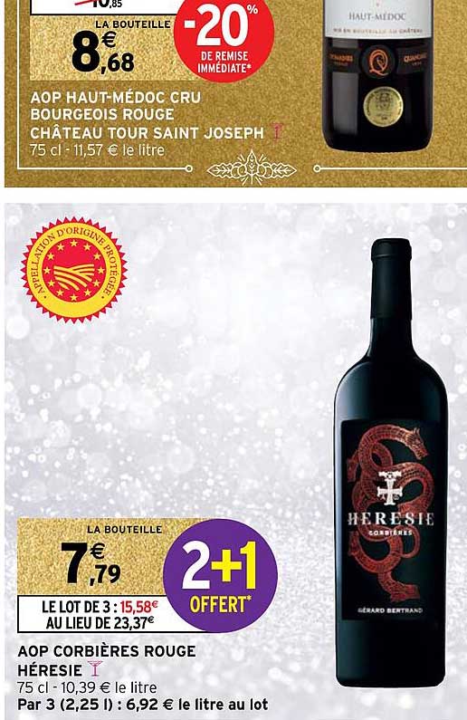 aop haut-médoc cru bourgeois rouge château tour saint joseph, aop corbières rouge héresie