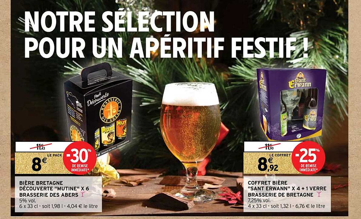 bière bretagne découverte "mutine" x6 brasserie des abers, coffret bière "sant erwann" x4 + 1 verre brasserie de bretagne