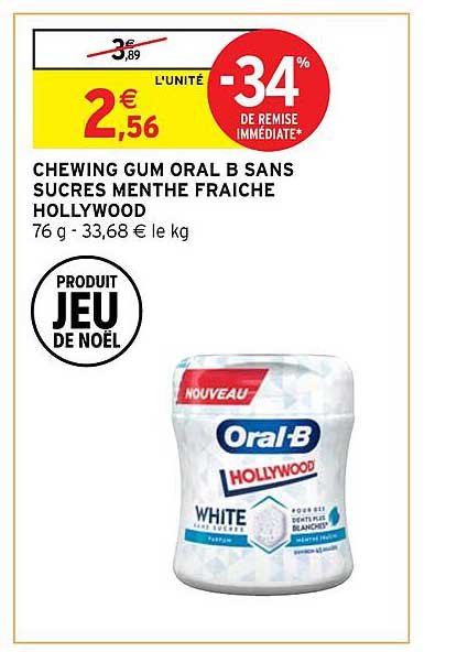 chewing gum oral b sans sucres menthe fraîche hollywood
