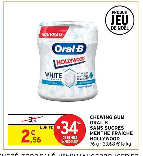 chewing gum oral b sans sucres menthe fraîche hollywood