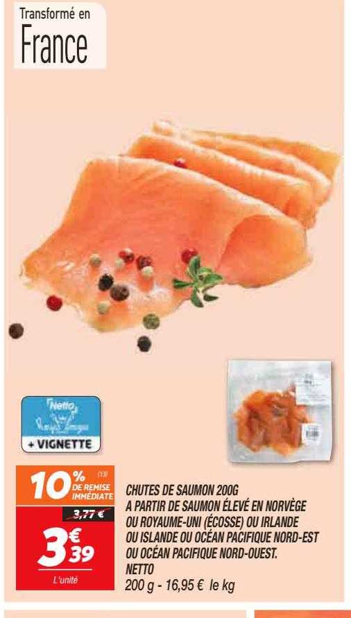 chutes de saumon 200g à partir de saumon élevé en norvège ou royaume-uni (écosse) ou irlande ou islande ou océan pacifique nord-est ou océan pacifique nord-ouest