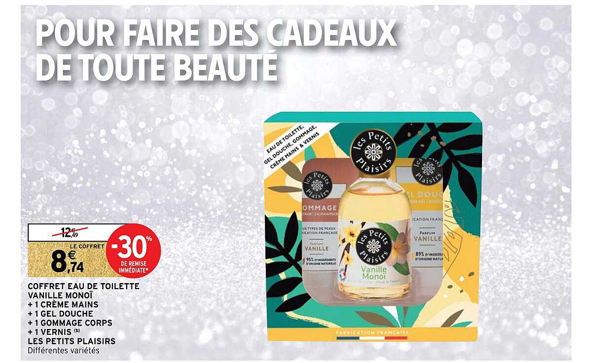 coffret eau de toilette vanille monoï + 1 crème mains + 1 gel douche + 1 gommage corps + 1 vernis les petits plaisirs