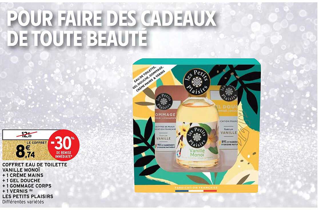 coffret eau de toilette vanille monoï + 1 crème mains + 1 gel douche + 1 gommage corps + 1 vernis les petits plaisirs