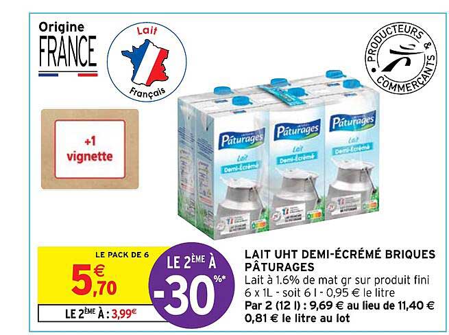 lait uht demi-écrémé briques pâturages