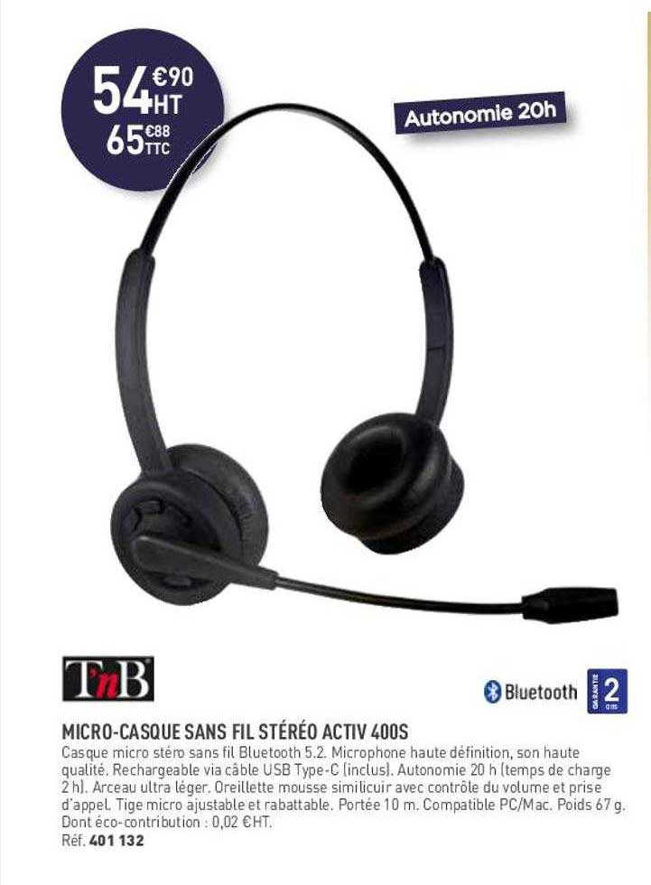 micro-casque sans fil stéréo activ 400s t'nb