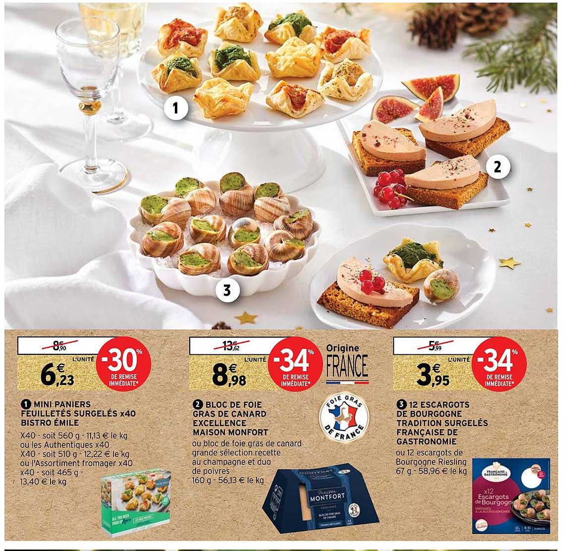 mini paniers feuilletés surgelés x40 bistro émile, bloc de foie gras de canard excellence maison monfort, 12 escargots de bourgogne tradition-surgelés française de gastronomie
