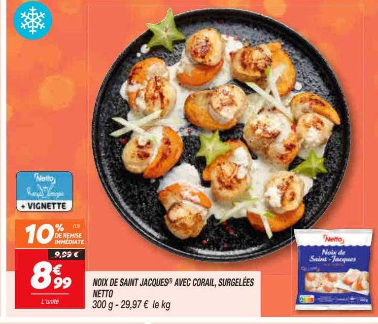 noix de saint jacques avec corail, surgelées netto