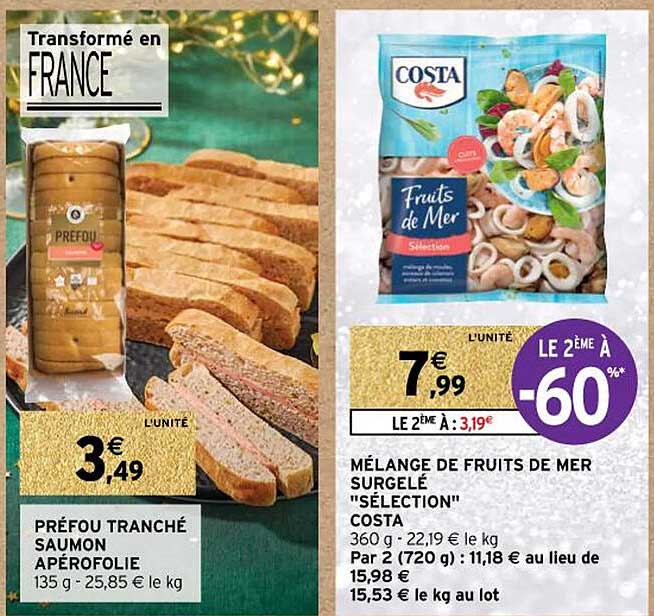 préfou tranché saumon apérofolie, mélange de fruits de mer surgelé "sélection"