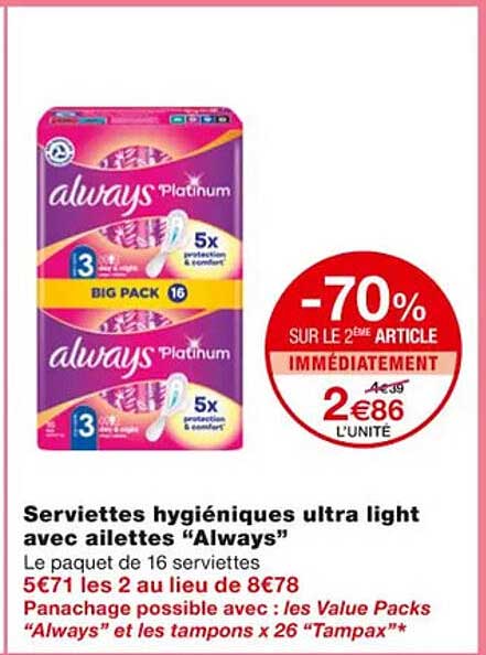 serviettes hygiéniques ultra light avec ailettes "always"