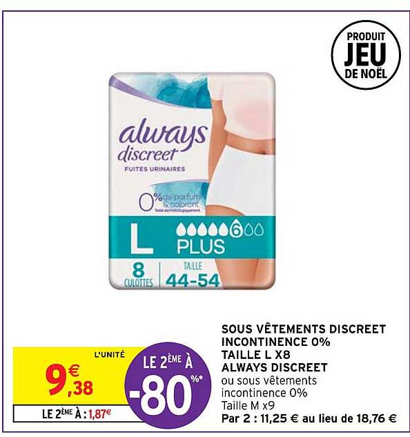 sous vêtements discreet incontinence 0% taille l x8 always discreet