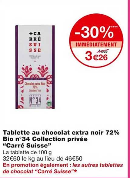 tablette au chocolat extra noir 72% bio n°34 collection privée "carré suisse"