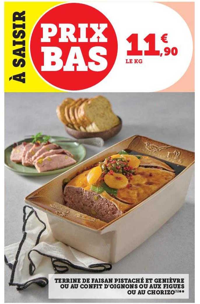 terrine de faisan pistaché et genièvre ou au confit d'oignons ou aux figues ou au chorizo