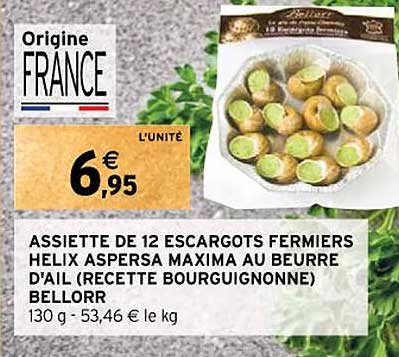 assiette de 12 escargots fermiers helix aspersa maxima au beurre d'ail (recette bourguignonne) bellorr