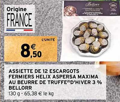 assiette de 12 escargots fermiers helix aspersa maxima au beurre de truffe d'hiver 3% bellorr