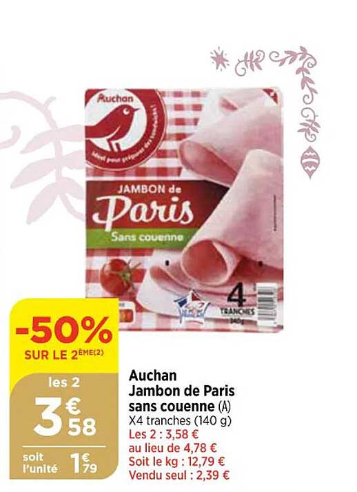 Auchan Jambon  De Paris  Sans  Couenne