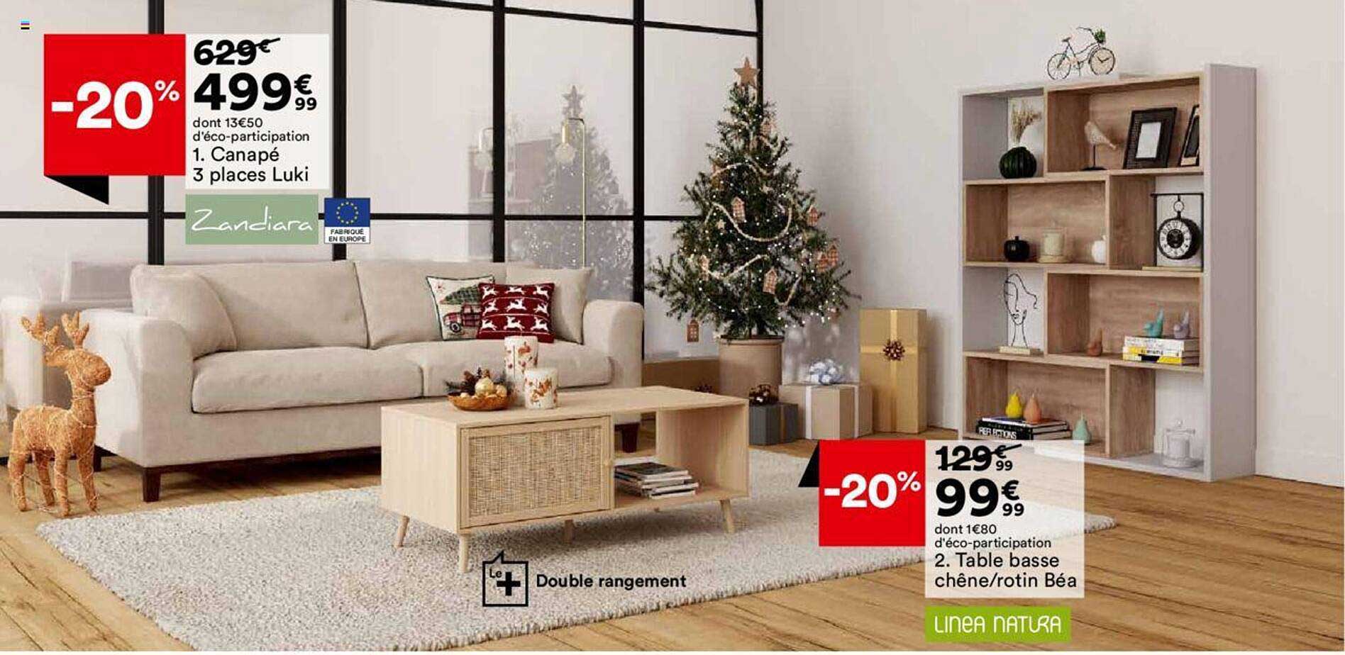 canapé 3 places luki, table basse chêne/rotin béa