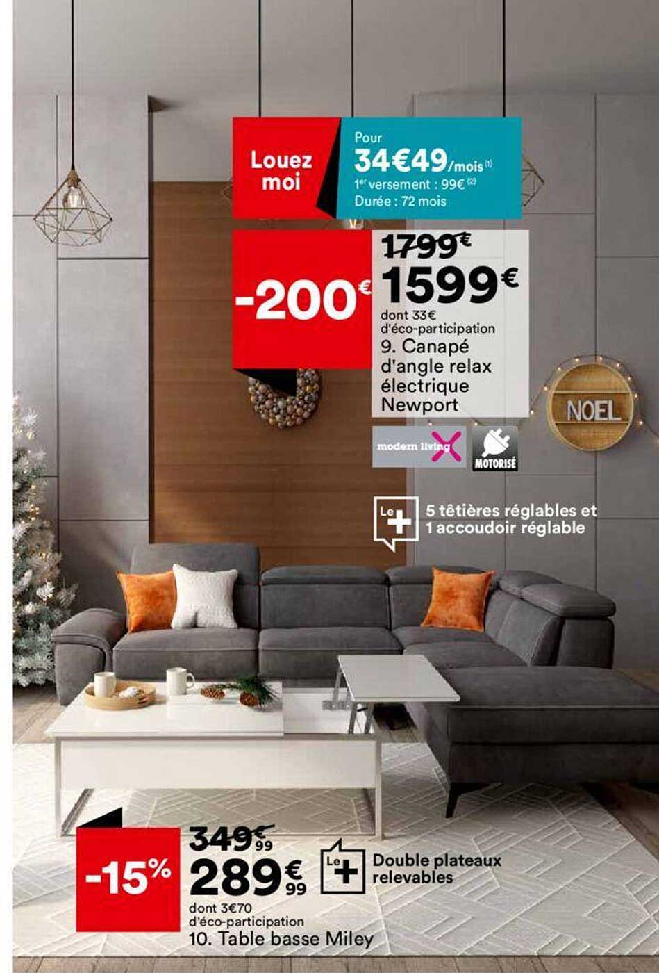 canapé d'angle relax électrique newport table bass miley