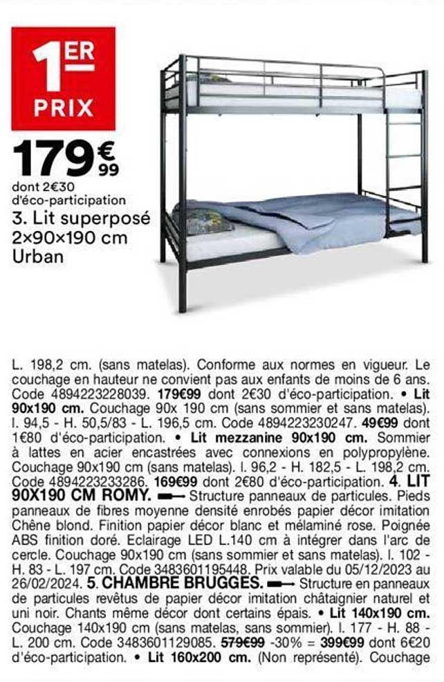 lit superposé 2 x 90 x 190 cm urban