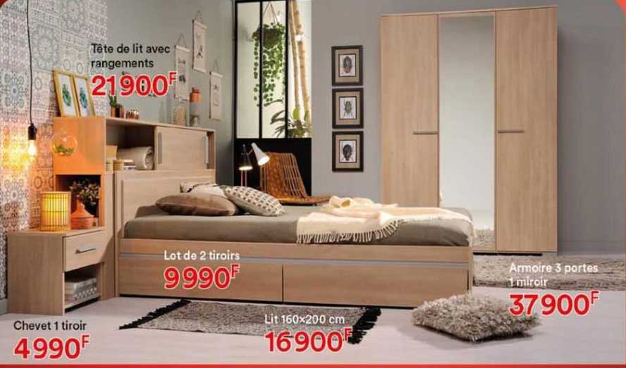 Tête De Lit Avec Rangements, Chevet 1 Tiroir, Lot De 2 Tiroirs, Lit 160 X 200 Cm, Armoire 3 Portes 1 Miroir