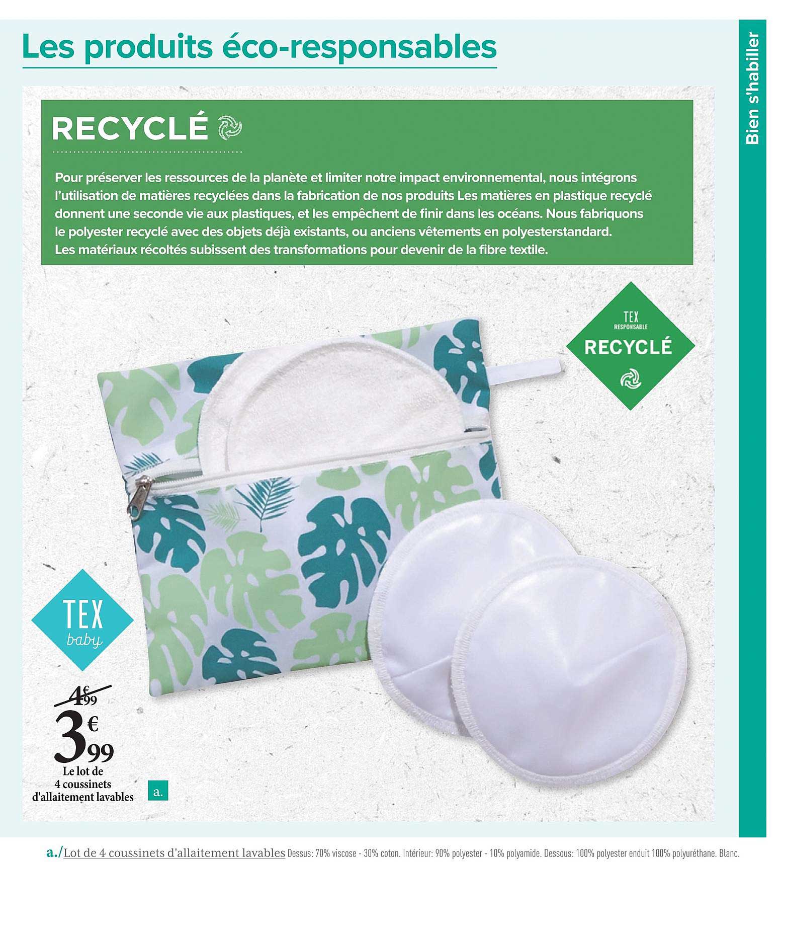 4 coussinets d'allaitement lavables tex baby