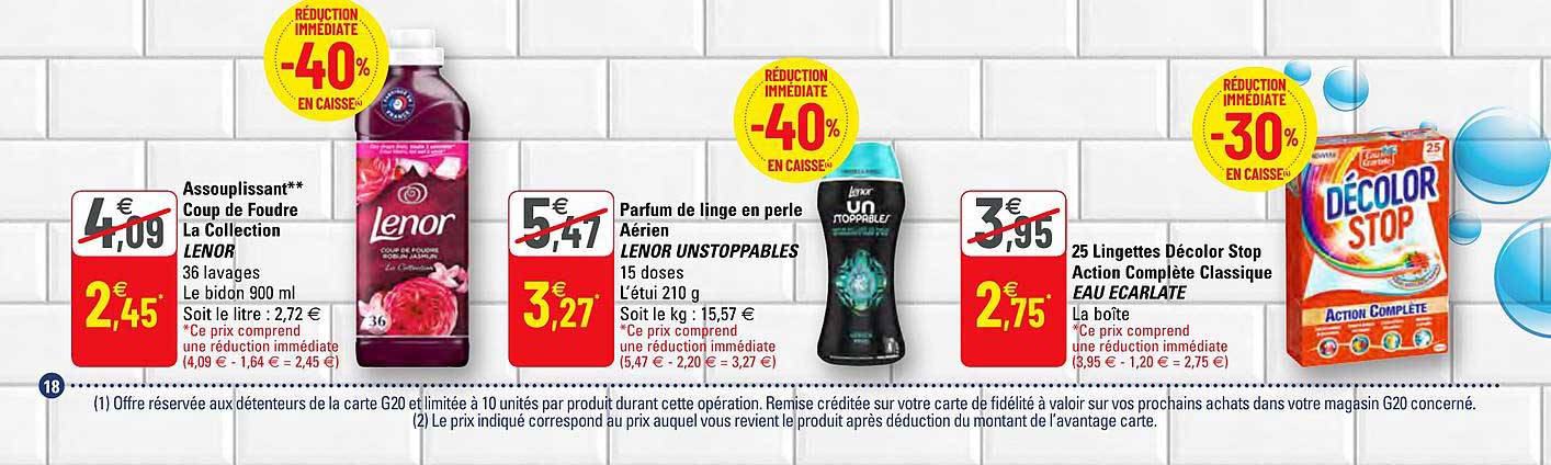 assouplissant coup de foudre la collection lenor, parfum de ligne en perle aérien lenor unstoppables, 25 lingettes décolor stop action complète classique eau ecarlate