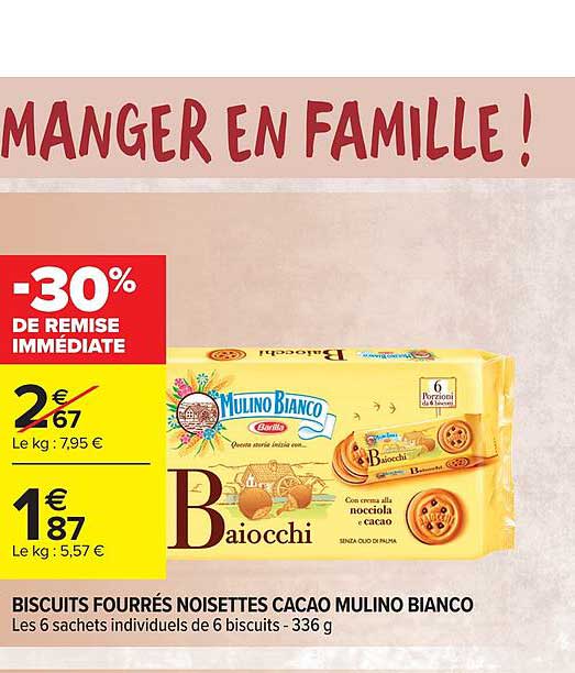 biscuits fourrés noisettes cacao mulino bianco