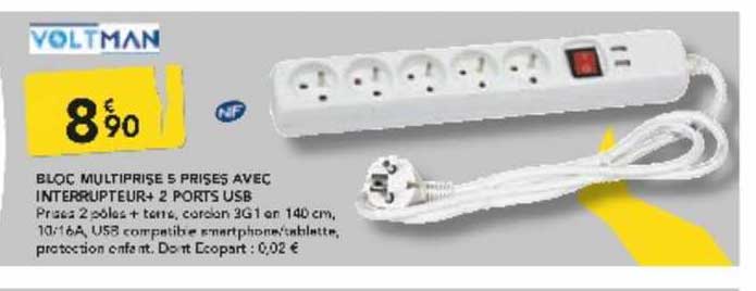 bloc multiprise 5 prises avec interrupteur + 2 ports usb voltman