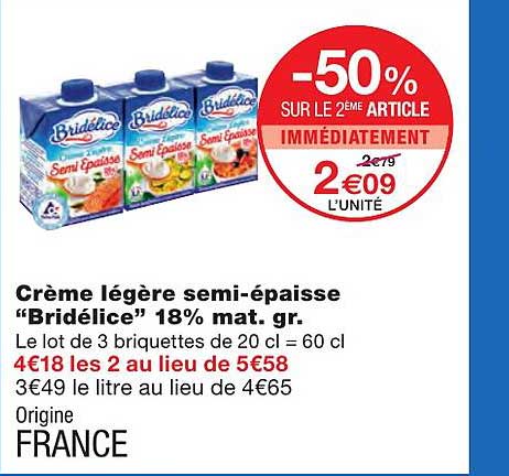 crème légère semi-épaisse "bridélice" 18% mat. gr.