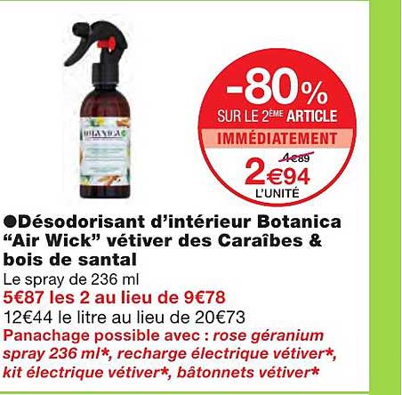 désodorisant d'intérieur botanica "air wick" vétiver des caraîbes & bois de santal