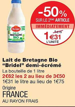 lait de bretagne bio "bridel" demi-écrémé