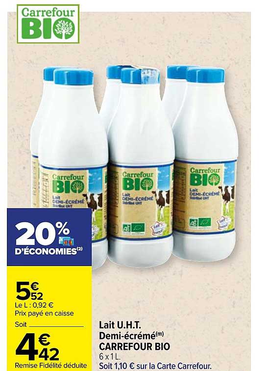 lait u.h.t. demi-écrémé carrefour bio