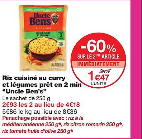 riz cuisiné au curry et légumes prêt en 2 min "uncle ben's"