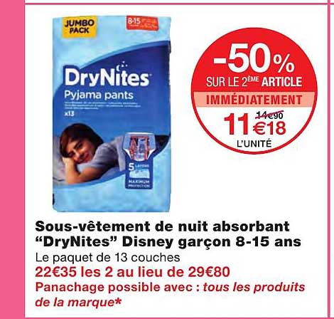 sous-vêtement de nuit absorbant "drynites" disney garçon 8-15 ans