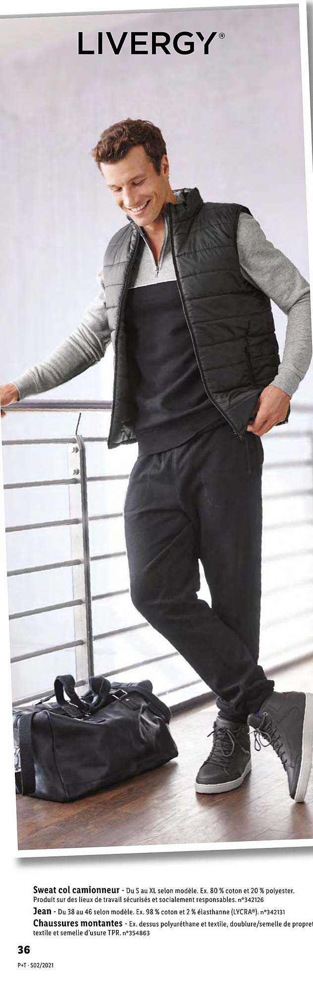 sweat col camionneur, jean, chaussure montante livergy