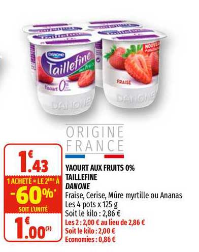 yaourt aux fruits 0% taillefine danone