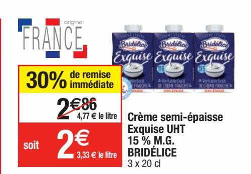 crème semi-épaisse exquise uht 15% m.g. bridélice