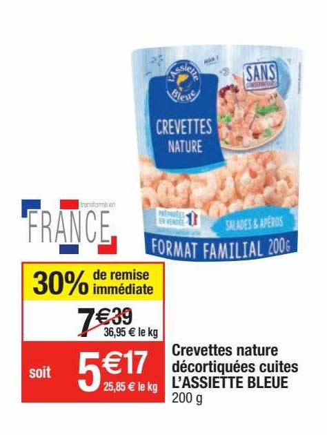 crevettes nature décortiquées cuites l'assiette bleue