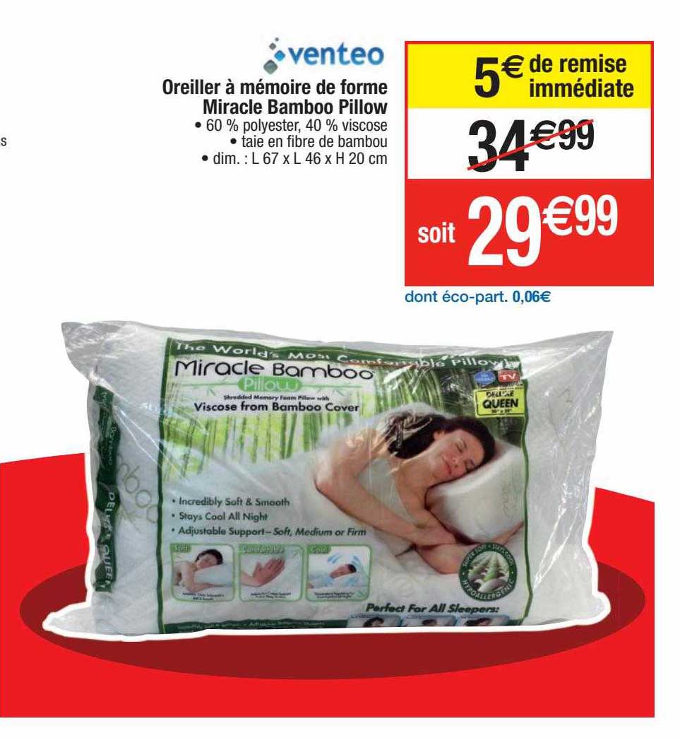 oreiller à mémoire de forme miracle bamboo pillow venteo
