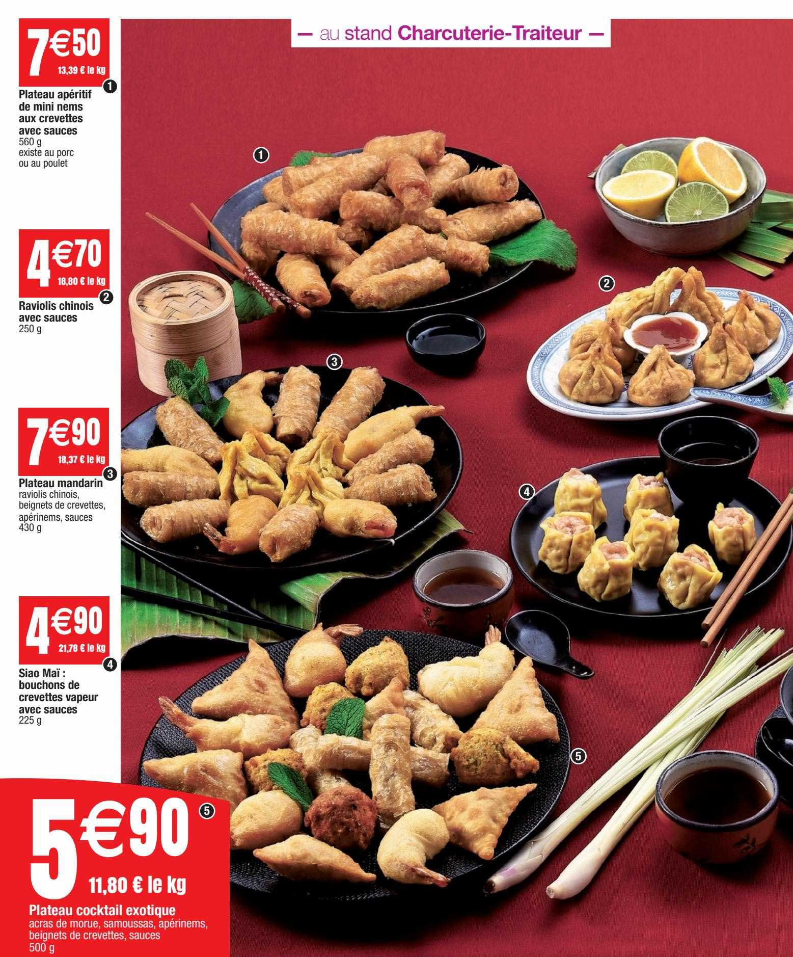 plateau apéritif de mini nems aux crevettes avec sauces, raviolis chinois avec sauces, plateau mandarin, siao maï : bouchons de crevettes vapeur avec sauces, plateau cocktail exotique