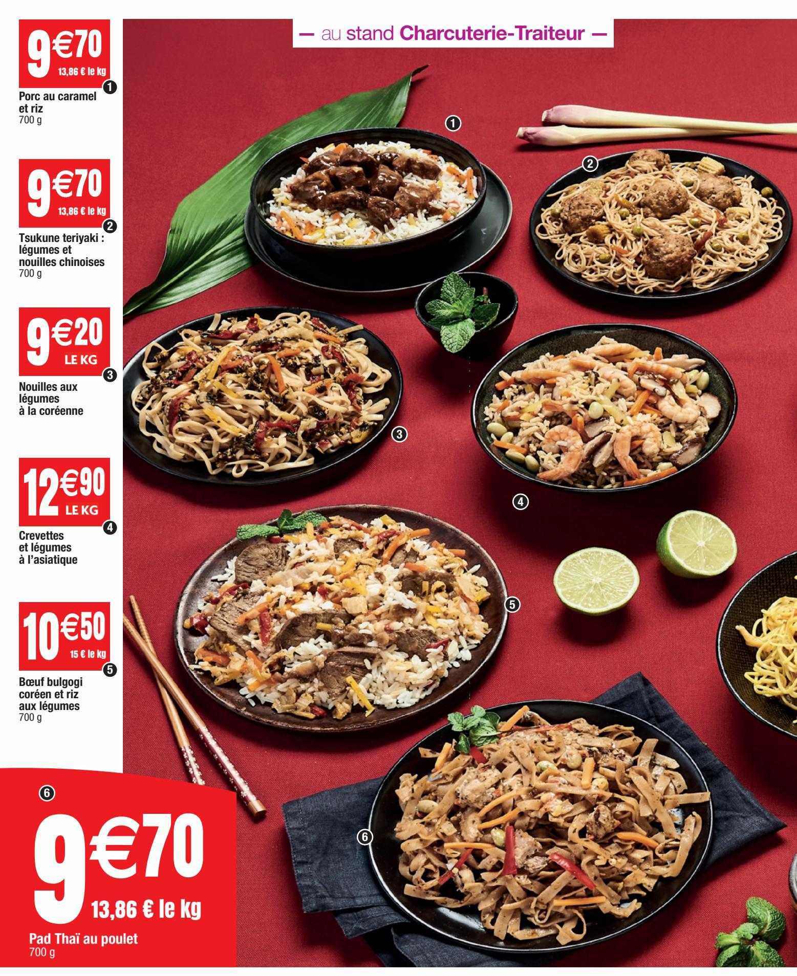 porc au caramel et riz, tsukune teriyaki : légumes et nouilles chinoises, nouilles aux légumes à la coréenne, crevettes et légumes à l'asiatique, bœuf bulgogi coréen et riz aux légumes