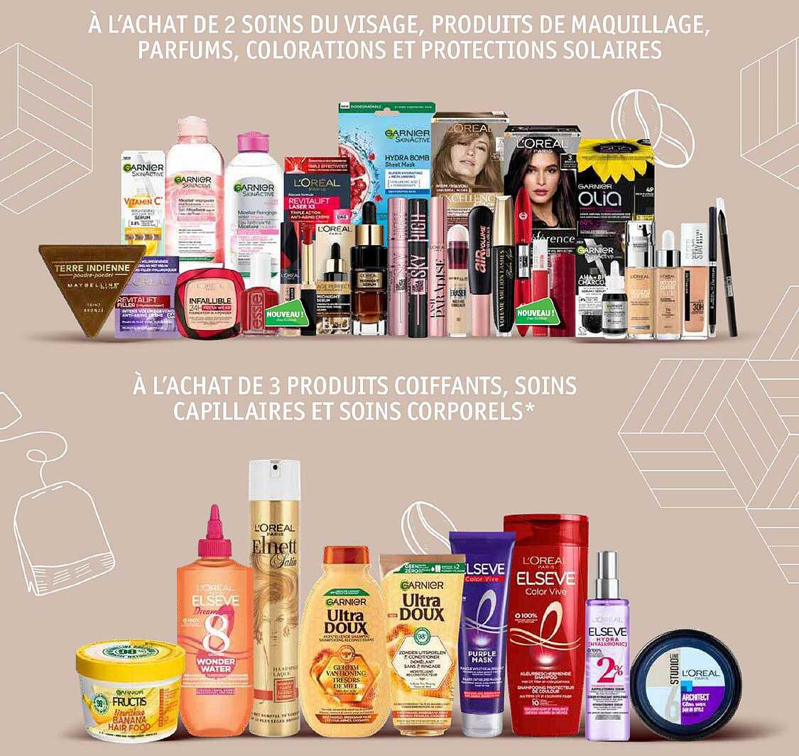 soins du visage, produits de maquillage, parfums, colorations et protections solaires, produits coiffants, soins capillaires et  soins corporels