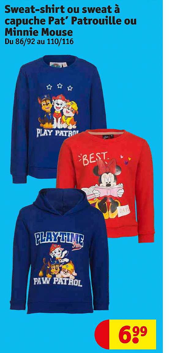sweat-shirt ou sweat à capuche pat' patrouille ou minnie mouse