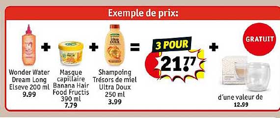wonder water dream long elsèvre 20 mL, masque capillaire banana hair food fructis 390 ml, shampoing trésors de miel ultra doux 250 ml