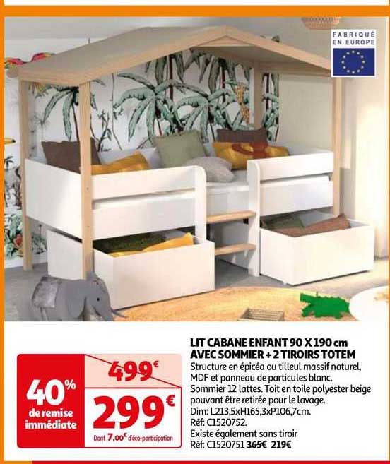 Lit Cabane Enfant 90 X 190 Cm Avec Sommier + 2 Tiroirs Totem