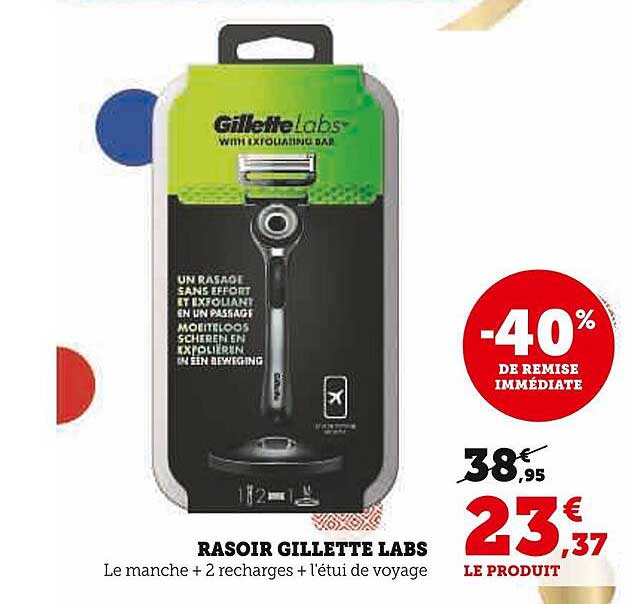 rasoir gillette labs le manche + 2 recharges + l'étui de voyage